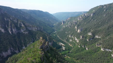 Aerial-shot-rocky-ridge-with-trees-gorges-du-Tarn-canyon-aerial-shot-France